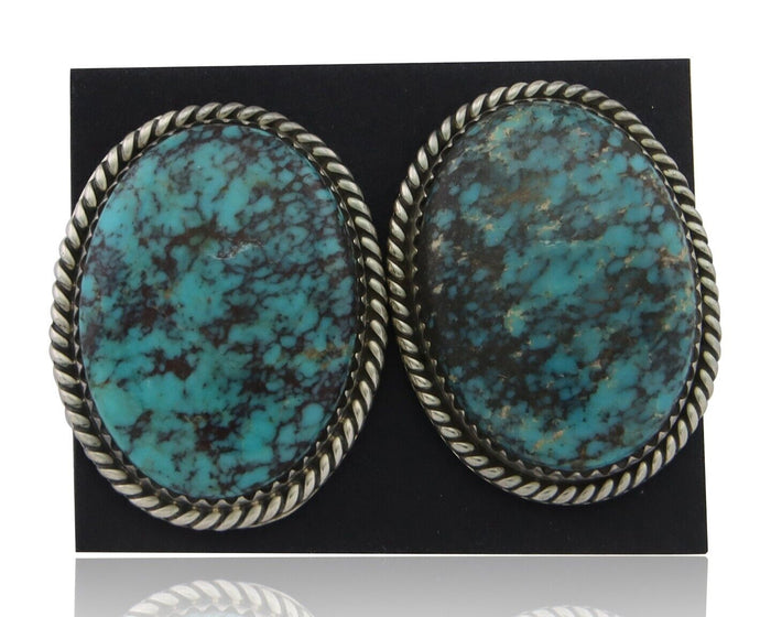 Navajo Earrings 925 Silver Blue Diamond Turquoise Signed Running Bear C.80's
