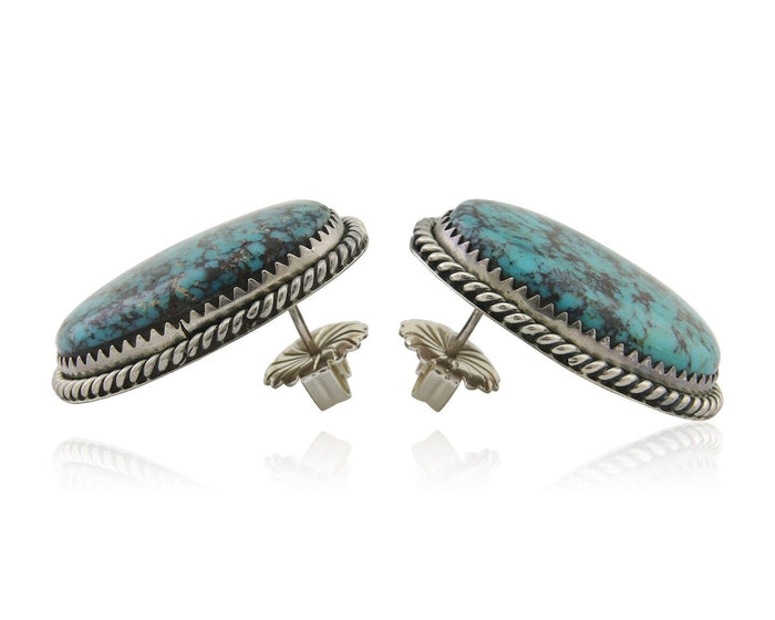 Navajo Earrings 925 Silver Blue Diamond Turquoise Signed Running Bear C.80's