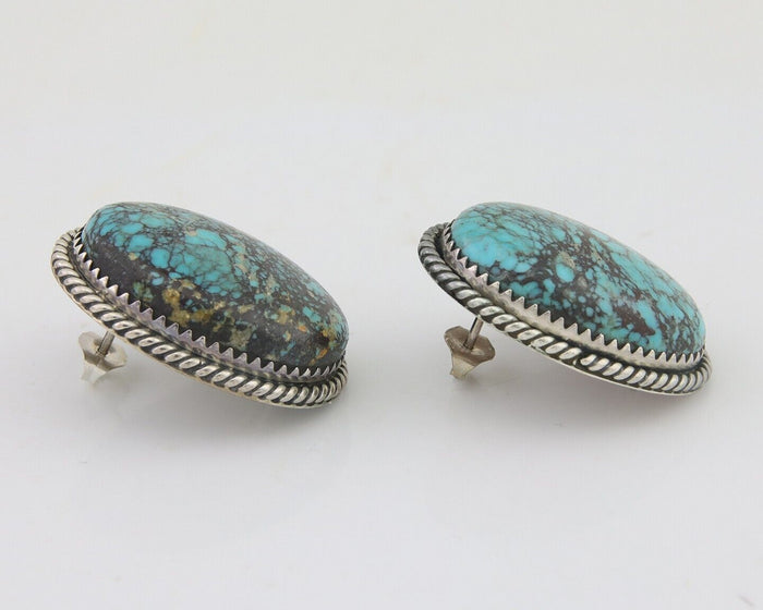 Navajo Earrings 925 Silver Blue Diamond Turquoise Signed Running Bear C.80's