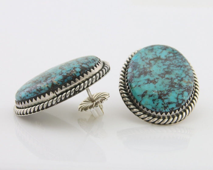 Navajo Earrings 925 Silver Blue Diamond Turquoise Signed Running Bear C.80's