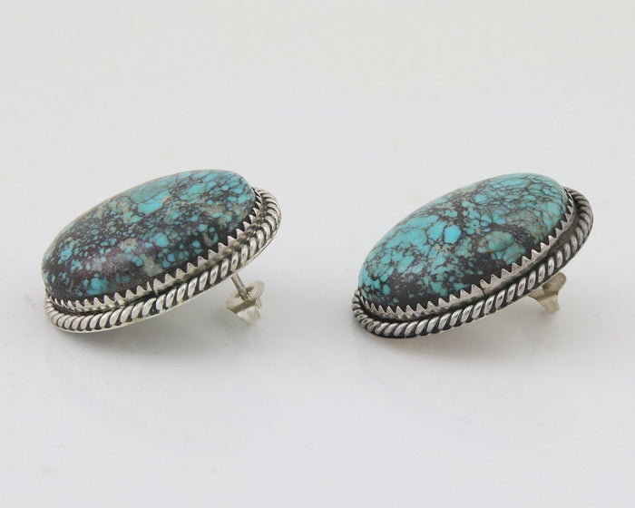 Navajo Earrings 925 Silver Blue Diamond Turquoise Signed Running Bear C.80's