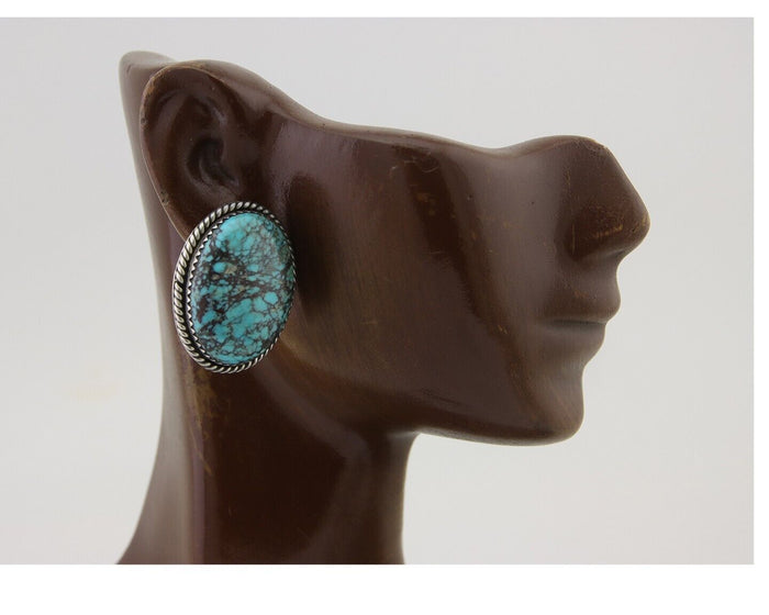 Navajo Earrings 925 Silver Blue Diamond Turquoise Signed Running Bear C.80's