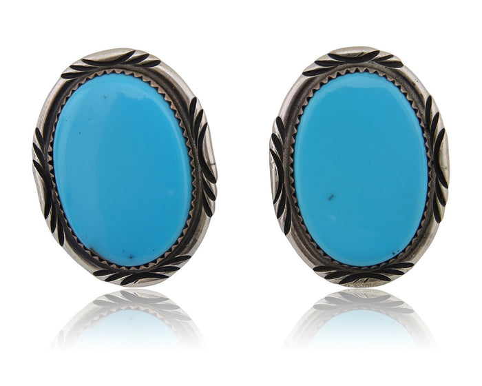 Navajo Earrings 925 Silver Blue Turquoise Artist Signed TALHAT C.80's