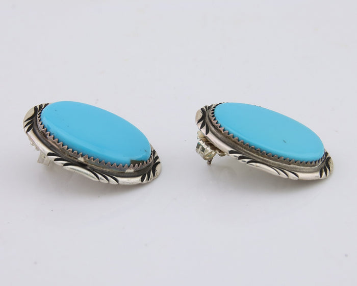 Navajo Earrings 925 Silver Blue Turquoise Artist Signed TALHAT C.80's