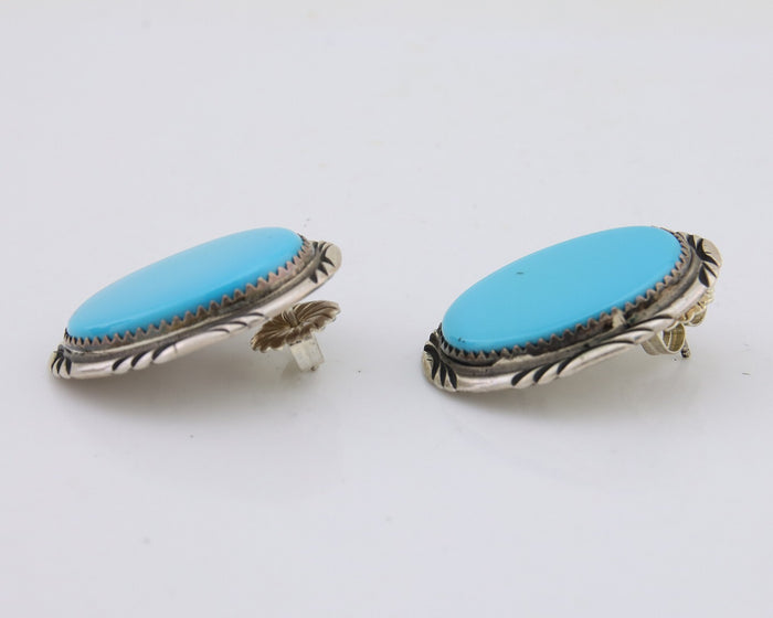 Navajo Earrings 925 Silver Blue Turquoise Artist Signed TALHAT C.80's