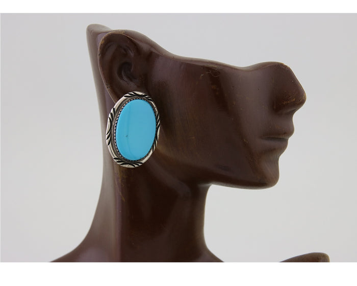 Navajo Earrings 925 Silver Blue Turquoise Artist Signed TALHAT C.80's