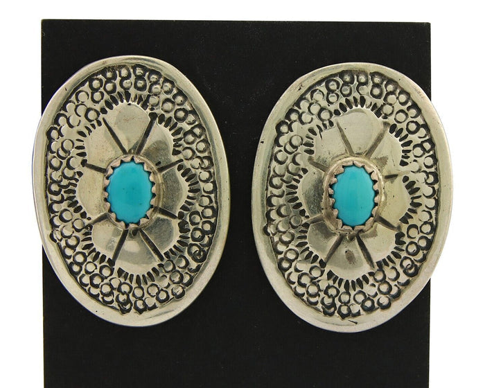 Navajo Earrings 925 Silver Concho Hand Stamped Turquoise Native Artist C.80's