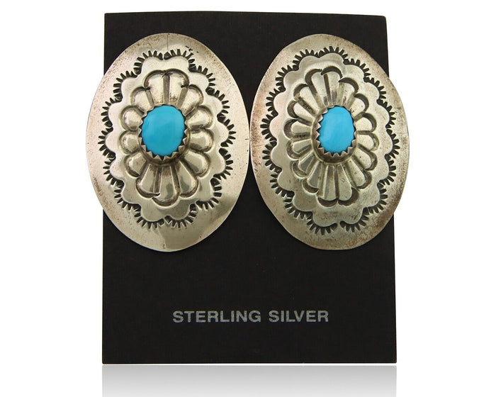 Navajo Earrings 925 Silver Concho Hand Stamped Turquoise Native Artist C.80's