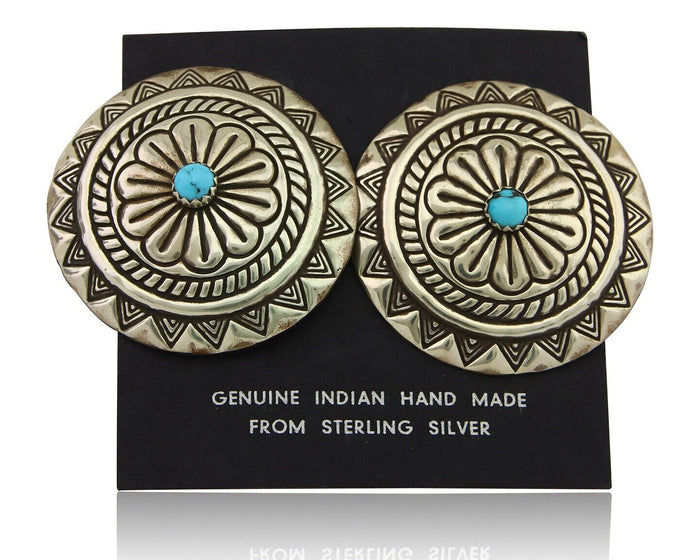 Navajo Earrings 925 Silver Concho Hand Stamped Turquoise Native Artist C.80's