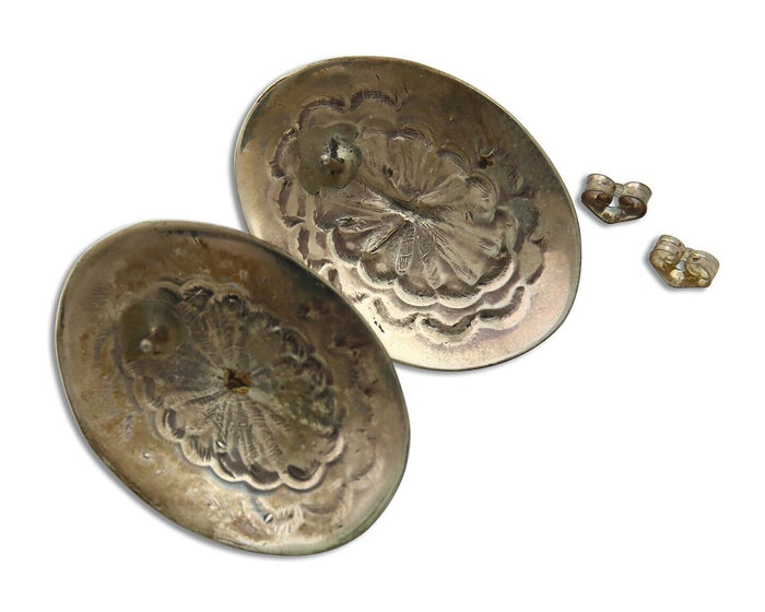 Navajo Earrings 925 Silver Concho Hand Stamped Turquoise Native Artist C.80's