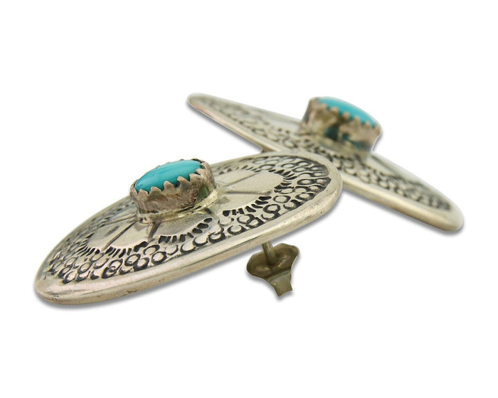 Navajo Earrings 925 Silver Concho Hand Stamped Turquoise Native Artist C.80's
