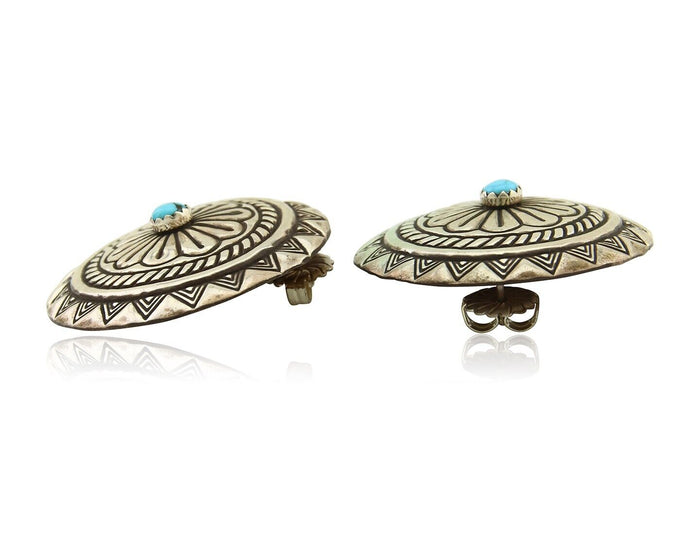 Navajo Earrings 925 Silver Concho Hand Stamped Turquoise Native Artist C.80's