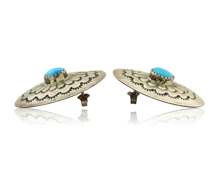 Navajo Earrings 925 Silver Concho Hand Stamped Turquoise Native Artist C.80's