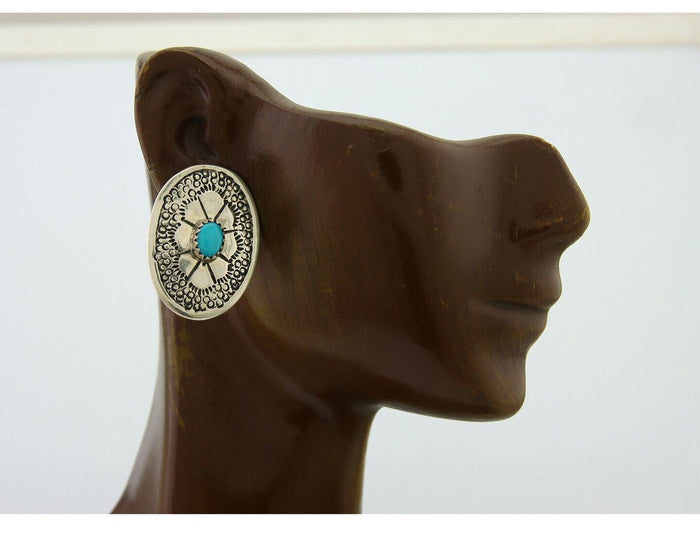 Navajo Earrings 925 Silver Concho Hand Stamped Turquoise Native Artist C.80's