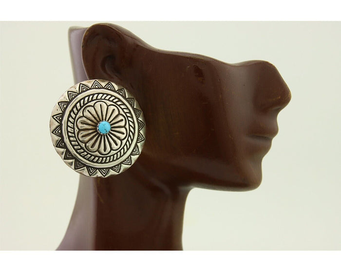 Navajo Earrings 925 Silver Concho Hand Stamped Turquoise Native Artist C.80's