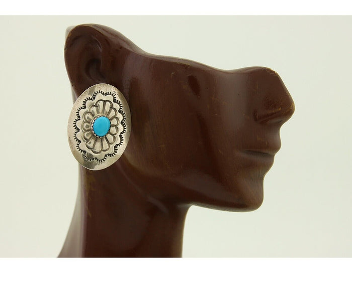 Navajo Earrings 925 Silver Concho Hand Stamped Turquoise Native Artist C.80's