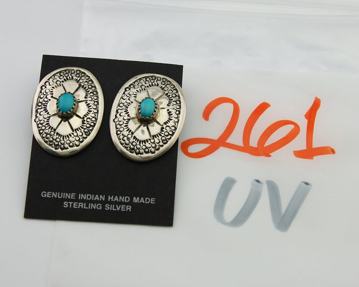 Navajo Earrings 925 Silver Concho Hand Stamped Turquoise Native Artist C.80's