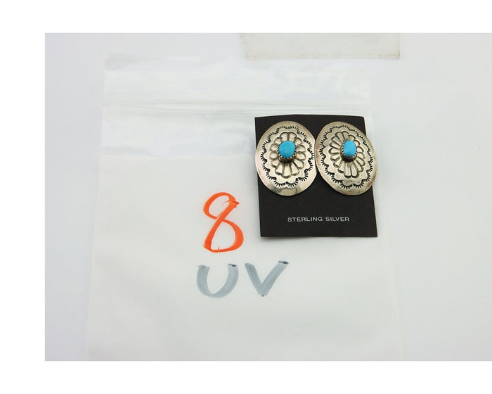 Navajo Earrings 925 Silver Concho Hand Stamped Turquoise Native Artist C.80's