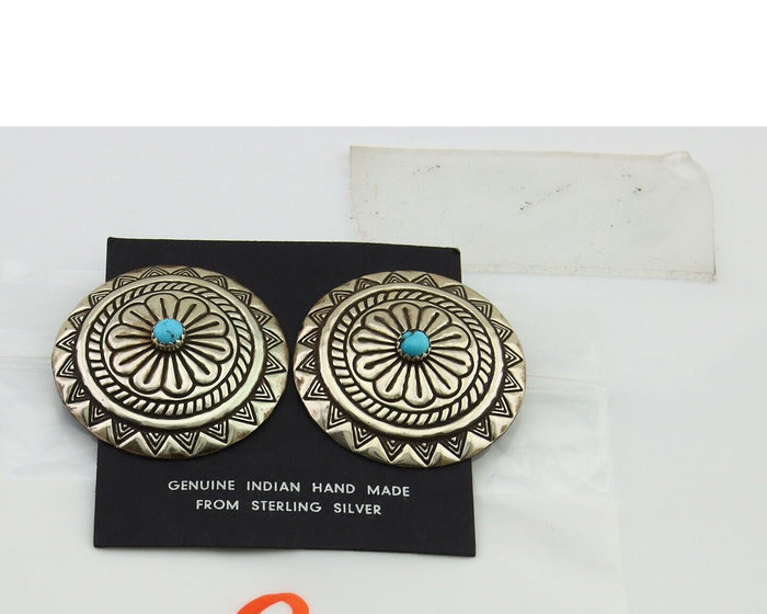 Navajo Earrings 925 Silver Concho Hand Stamped Turquoise Native Artist C.80's