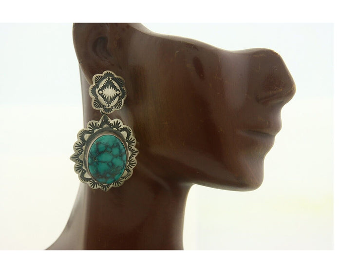 Navajo Earrings 925 Silver Concho Turquoise Native Artist Signed Ikee & DeChelly