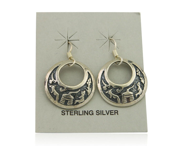 Navajo Earrings 925 Silver Dangle Pictograph Native American Artist C.80's