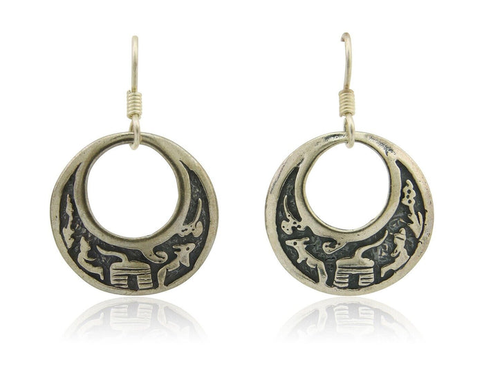 Navajo Earrings 925 Silver Dangle Pictograph Native American Artist C.80's