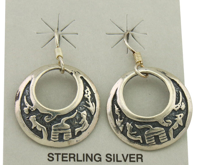 Navajo Earrings 925 Silver Dangle Pictograph Native American Artist C.80's