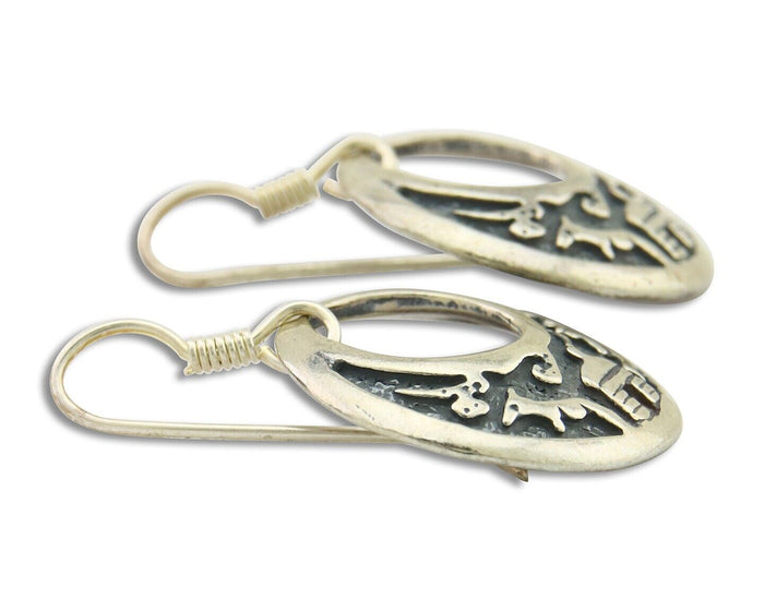 Navajo Earrings 925 Silver Dangle Pictograph Native American Artist C.80's