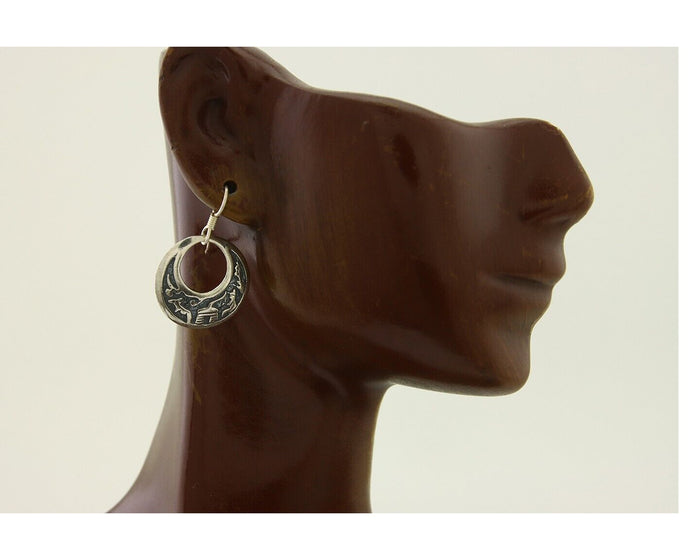 Navajo Earrings 925 Silver Dangle Pictograph Native American Artist C.80's