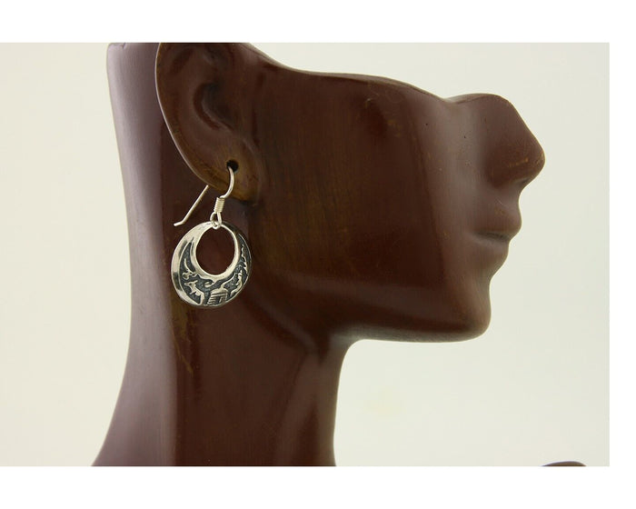 Navajo Earrings 925 Silver Dangle Pictograph Native American Artist C.80's