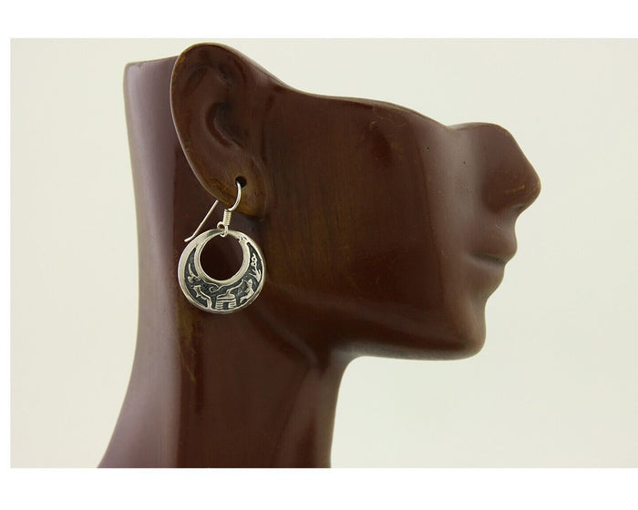 Navajo Earrings 925 Silver Dangle Pictograph Native American Artist C.80's