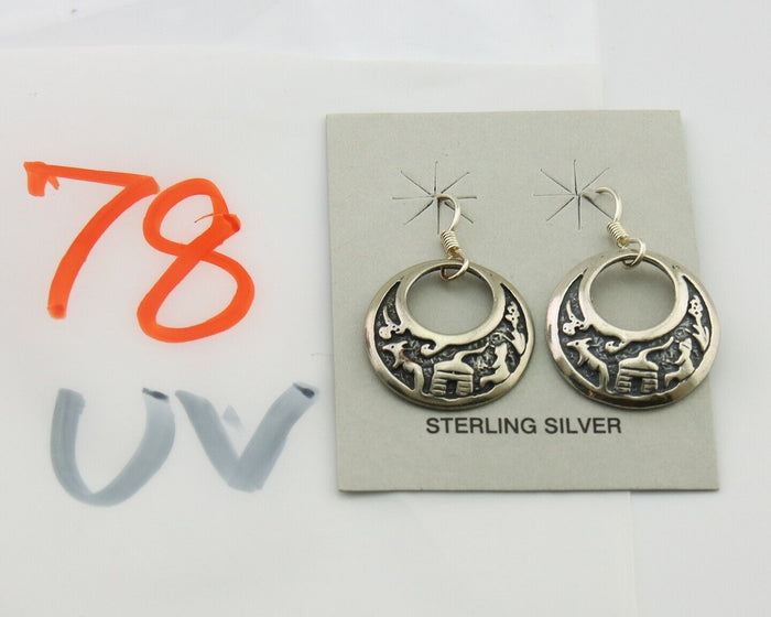 Navajo Earrings 925 Silver Dangle Pictograph Native American Artist C.80's