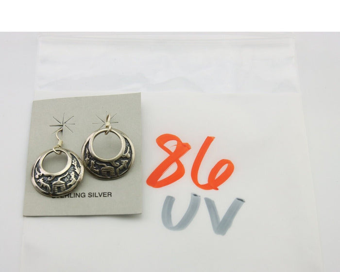 Navajo Earrings 925 Silver Dangle Pictograph Native American Artist C.80's