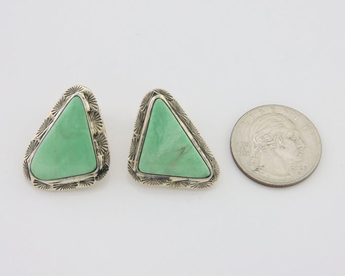 Navajo Earrings 925 Silver Green Turquoise Artist Signed CS C.80's