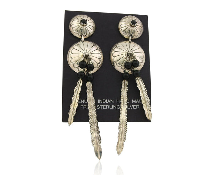 Navajo Earrings 925 Silver Handmade Concho Feather Onyx Native Artist C.80's