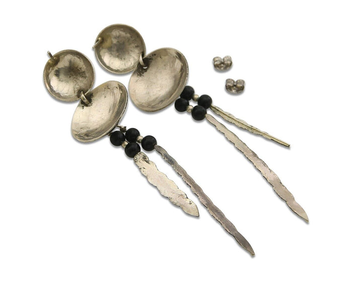 Navajo Earrings 925 Silver Handmade Concho Feather Onyx Native Artist C.80's