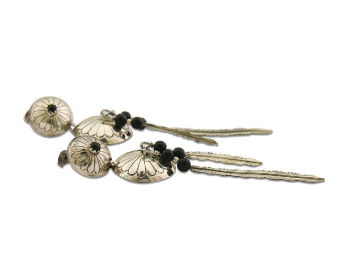 Navajo Earrings 925 Silver Handmade Concho Feather Onyx Native Artist C.80's