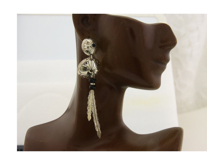Navajo Earrings 925 Silver Handmade Concho Feather Onyx Native Artist C.80's