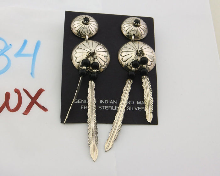 Navajo Earrings 925 Silver Handmade Concho Feather Onyx Native Artist C.80's