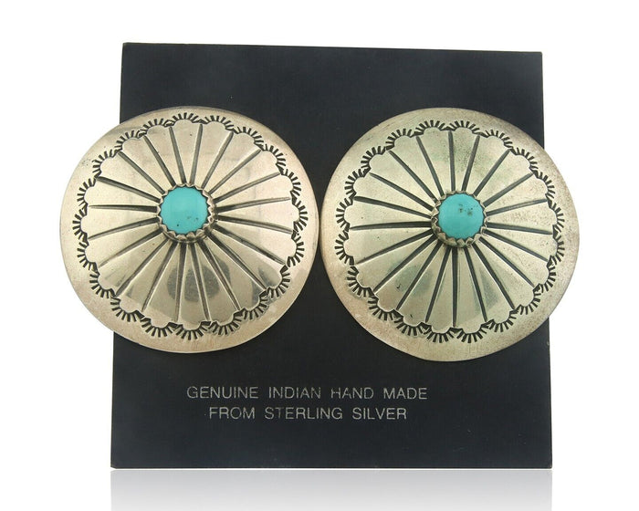 Navajo Earrings 925 Silver Handmade Concho Natural Turquoise Native Artist C80s