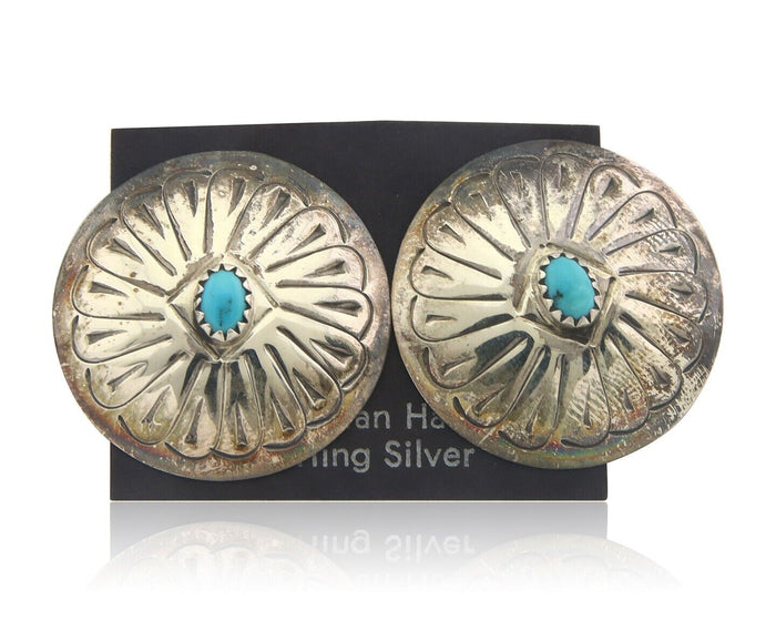 Navajo Earrings 925 Silver Handmade Concho Natural Turquoise Native Artist C80s