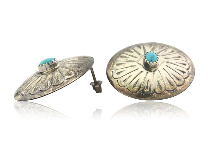 Navajo Earrings 925 Silver Handmade Concho Natural Turquoise Native Artist C80s