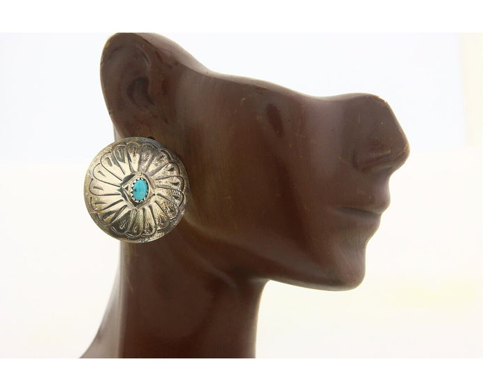 Navajo Earrings 925 Silver Handmade Concho Natural Turquoise Native Artist C80s