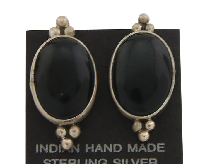 Navajo Earrings 925 Silver Handmade Natural Black Onyx Signed NAKAI C.80's