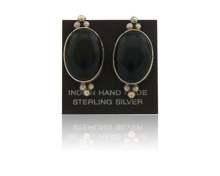 Navajo Earrings 925 Silver Handmade Natural Black Onyx Signed NAKAI C.80's
