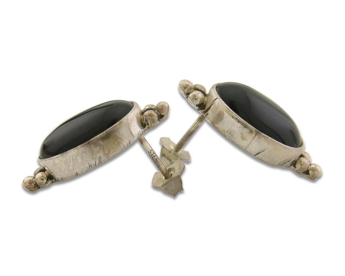 Navajo Earrings 925 Silver Handmade Natural Black Onyx Signed NAKAI C.80's