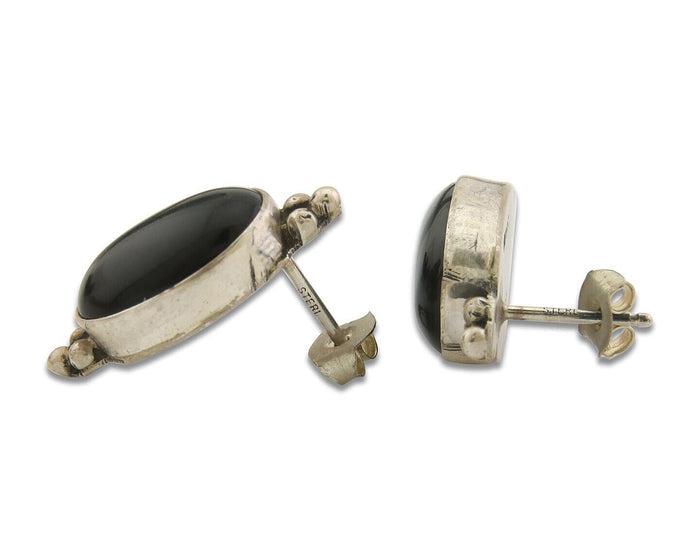 Navajo Earrings 925 Silver Handmade Natural Black Onyx Signed NAKAI C.80's