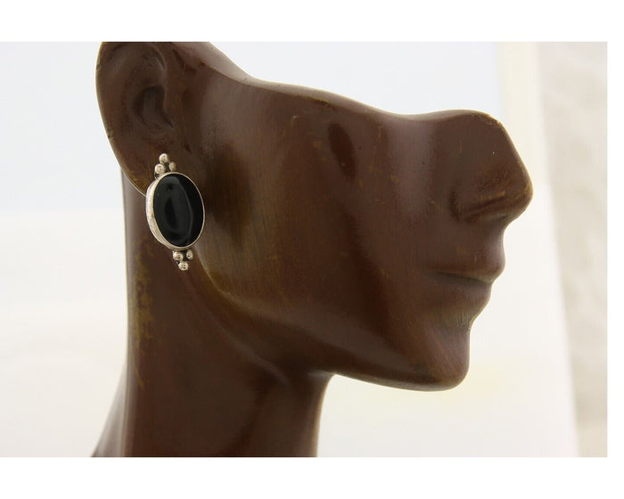 Navajo Earrings 925 Silver Handmade Natural Black Onyx Signed NAKAI C.80's