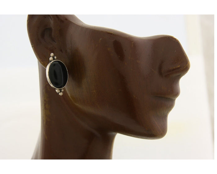 Navajo Earrings 925 Silver Handmade Natural Black Onyx Signed NAKAI C.80's