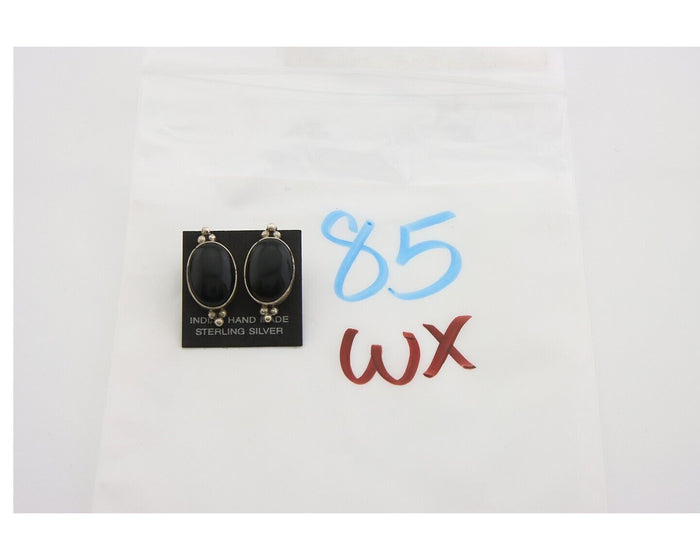 Navajo Earrings 925 Silver Handmade Natural Black Onyx Signed NAKAI C.80's